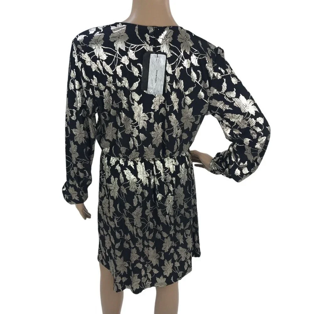 NWT Vero Moda Womens Floral A-Line Dress Metallic Long Sleeve VNeck Mini Dress S